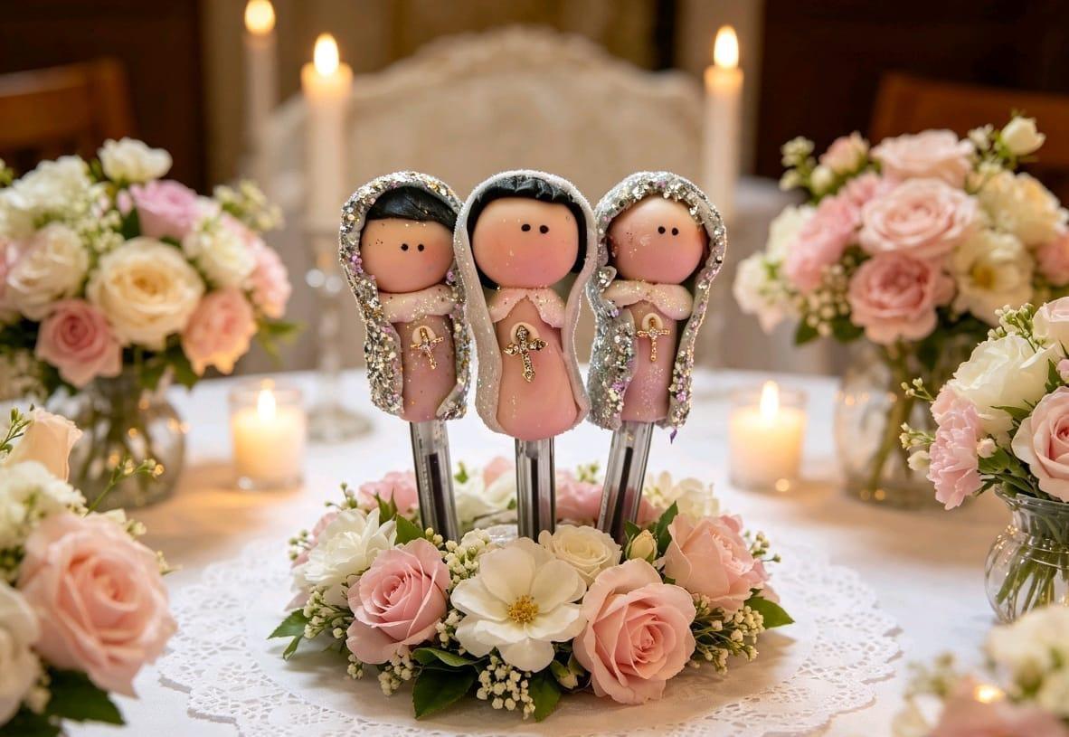 Arreglo decorativo con tres figuras en tonos rosados entre flores