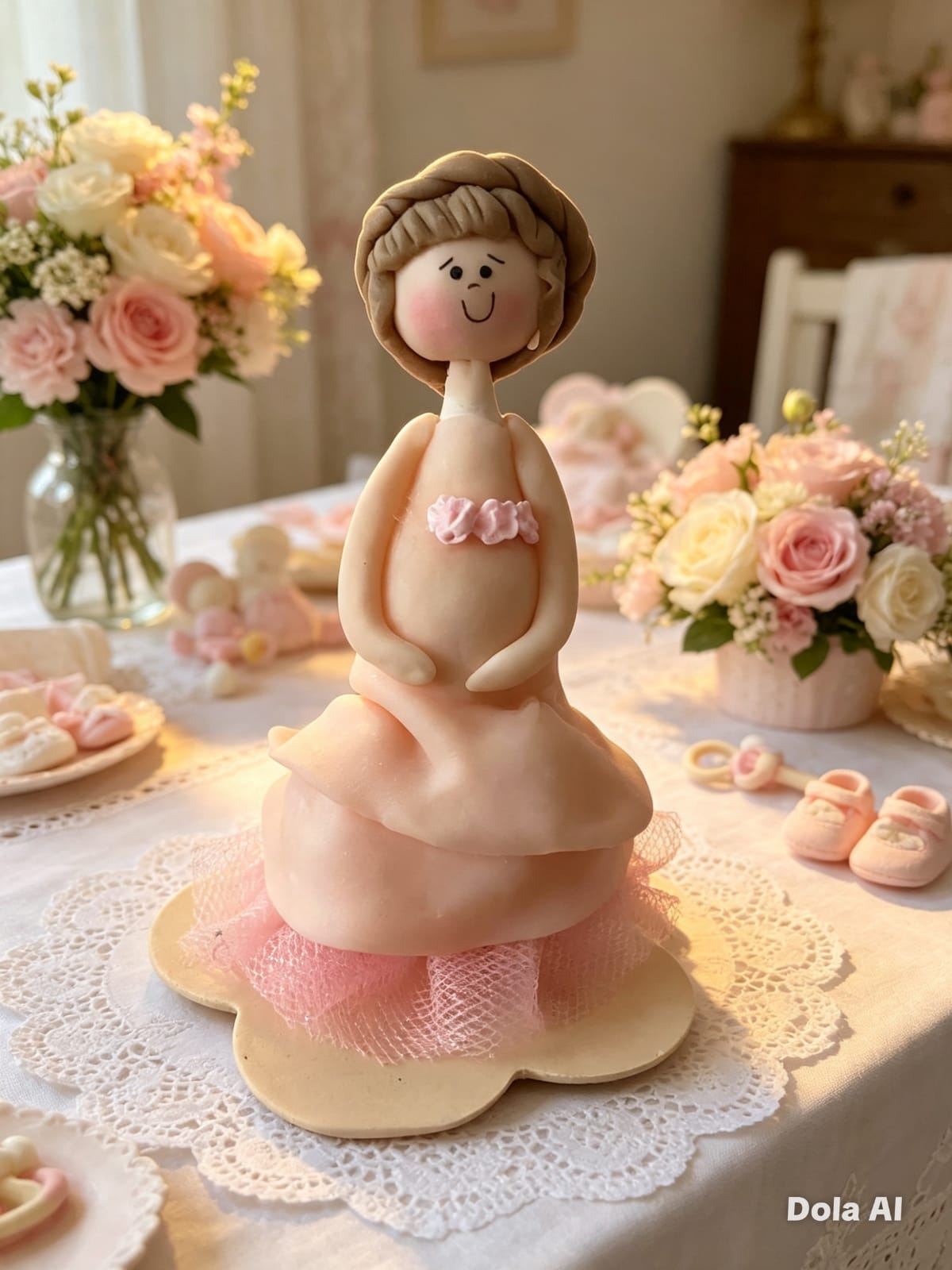 Figura decorativa con vestido rosado y flores
