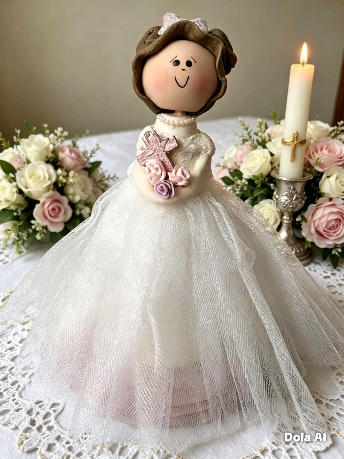 Figura decorativa de vestido blanco acompañada de flores