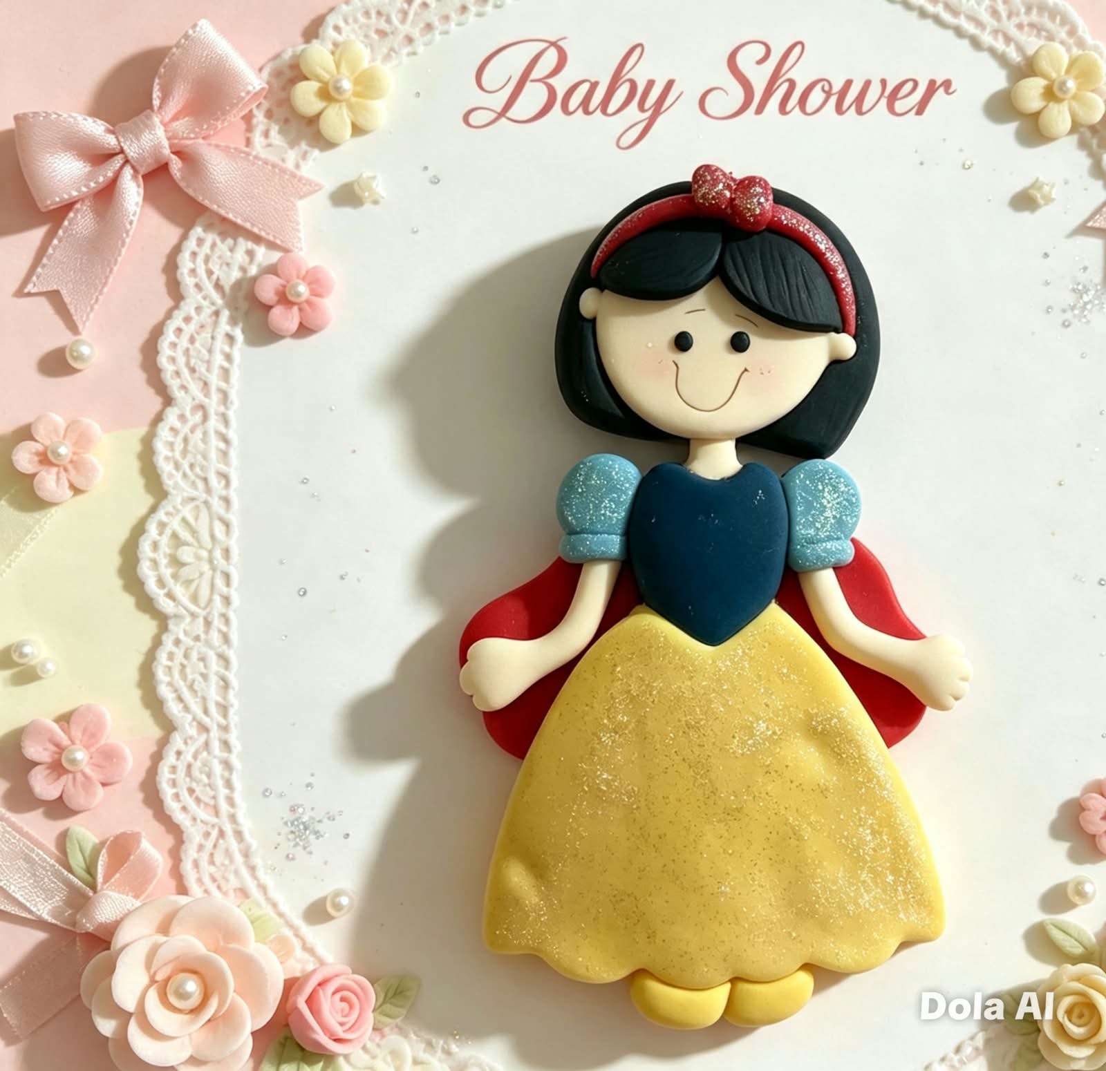 Figura de princesa con vestido amarillo y detalles florales de Baby Shower